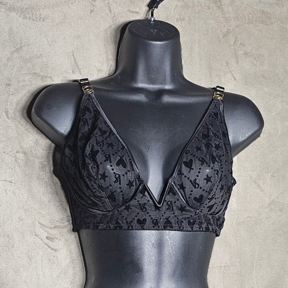 Victoria's Secret Flocked Velvet Heart Star Mesh Caged Longline Bra Underwire